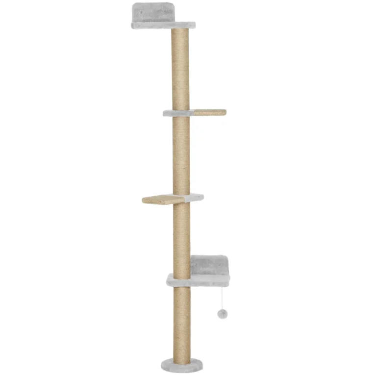 Wall-Mounted Cat Climbing Column with Four Platforms – Grey, 180cm