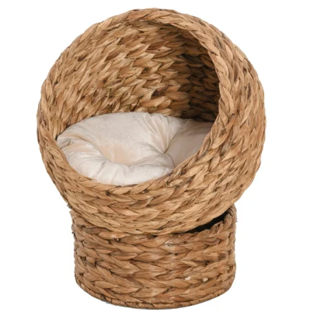Raised Woven Cat Cave with Washable Cushion – Natural Brown