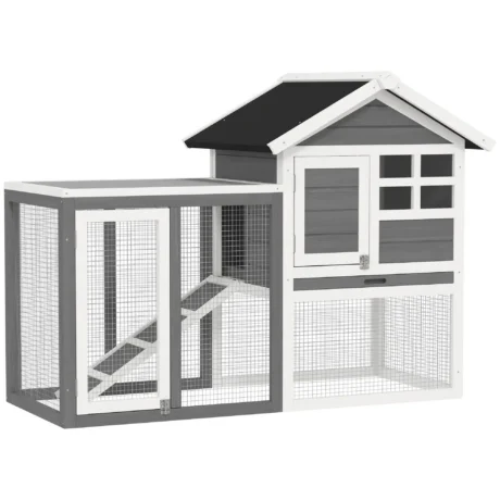 Raised Wooden Rabbit Hutch with Side Run – Grey and White