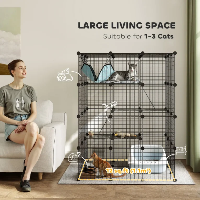 Modular Indoor Cat Enclosure with Ramps and Hammock – Black