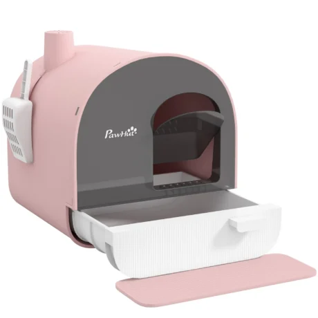 Hooded Cat Litter Box with Flap and Scoop – Pink