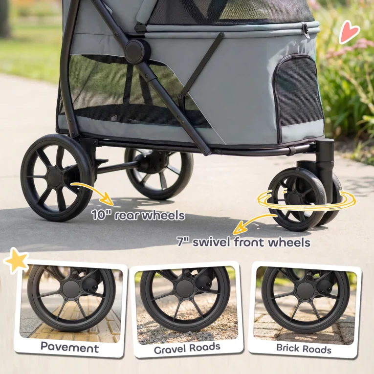 Three-Wheel Folding Dog Stroller with Dual Entry – Grey