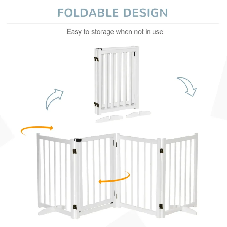 Four-Panel Freestanding Wooden Pet Gate – White, 80cm