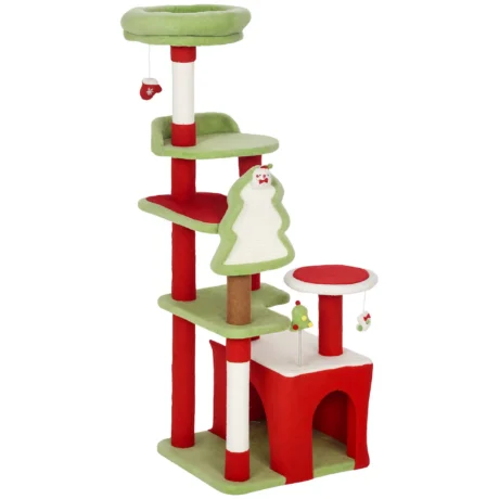 Festive Cat Tower with Den and Two Perches &ndash; Green, 120cm