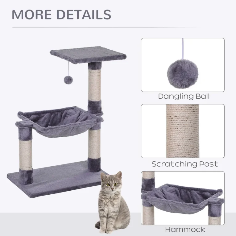 Cat Tower with Hammock and Top Perch – Grey, 70cm Cat Tower with Hammock and Top Perch – Grey, 70cm
