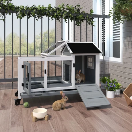 Wooden Rabbit Hutch with Tray and Wheels – Grey, 108cm
