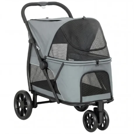 Three-Wheel Folding Dog Stroller with Dual Entry &ndash; Grey