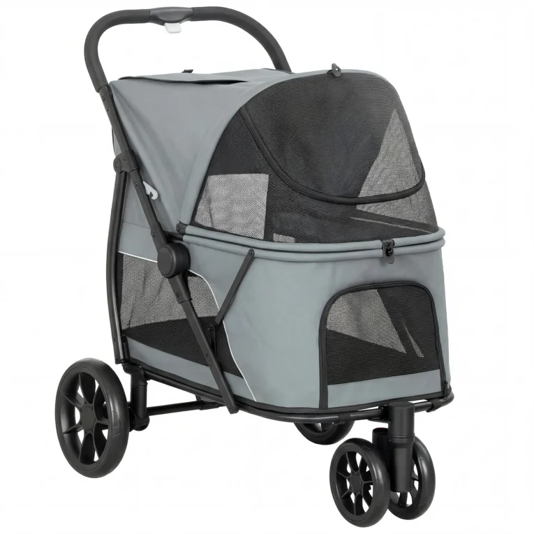 Three-Wheel Folding Dog Stroller with Dual Entry – Grey