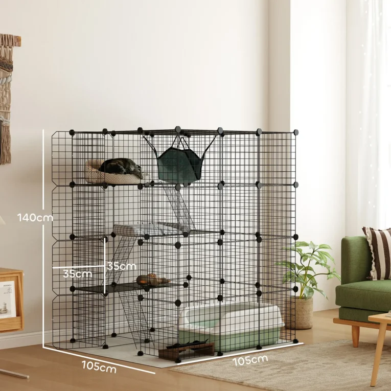 Modular Indoor Cat Enclosure with Ramps and Hammock – Black