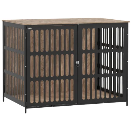 Large Dog Crate Furniture with Steel Mesh &ndash; Walnut Brown, 118cm