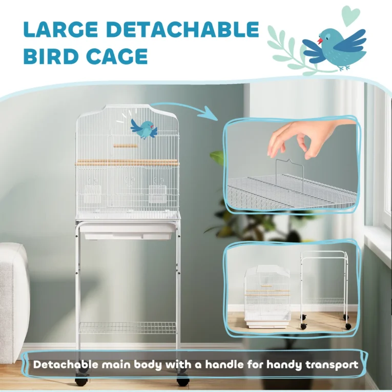 Bird Cage with Wheeled Stand and Swing – White, 124cm Bird Cage with Wheeled Stand and Swing – White, 124cm