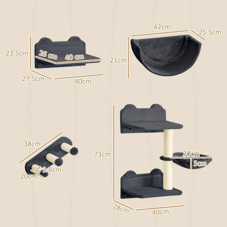 Four-Piece Cat Climbing Wall with Hammock and Nest – Dark Grey