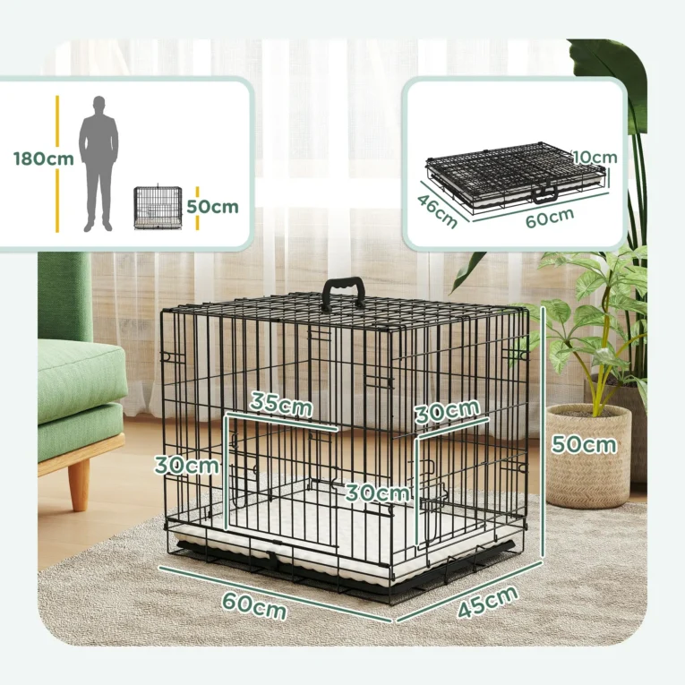 Folding Two-Door Dog Crate with Cushion – Black and Beige, 60cm