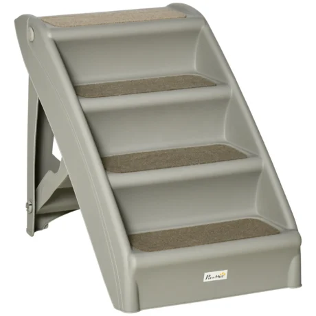 Folding Four-Step Pet Stairs with Carpet Treads &ndash; Grey