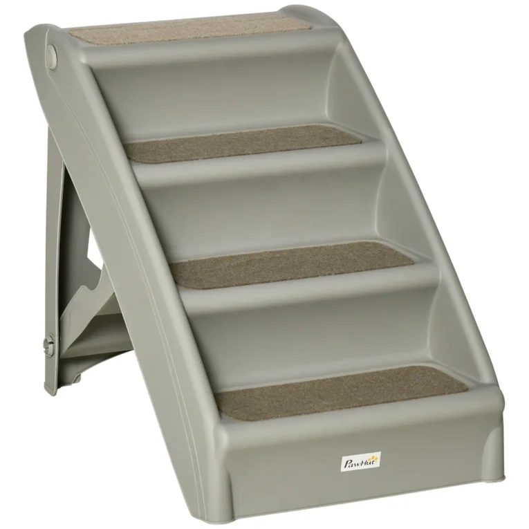 Folding Four-Step Pet Stairs with Carpet Treads – Grey