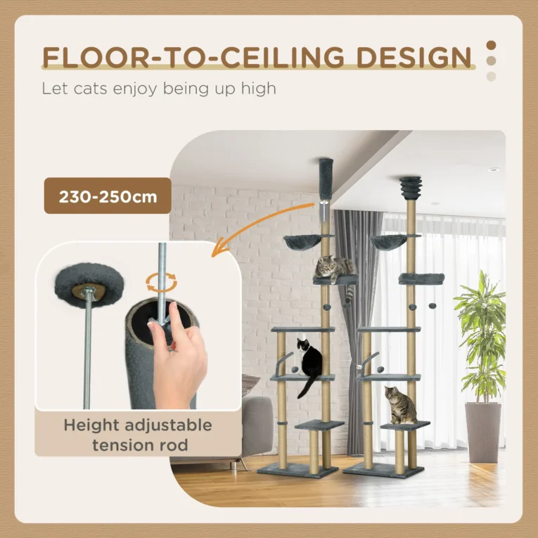 Floor-to-Ceiling Cat Tower with Hammock – Grey, 230–250cm Floor-to-Ceiling Cat Tower with Hammock – Grey, 230–250cm