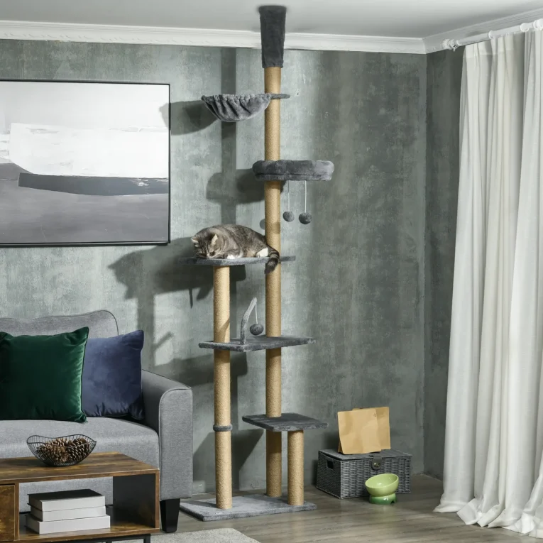 Floor-to-Ceiling Cat Tower with Hammock – Grey, 230–250cm Floor-to-Ceiling Cat Tower with Hammock – Grey, 230–250cm