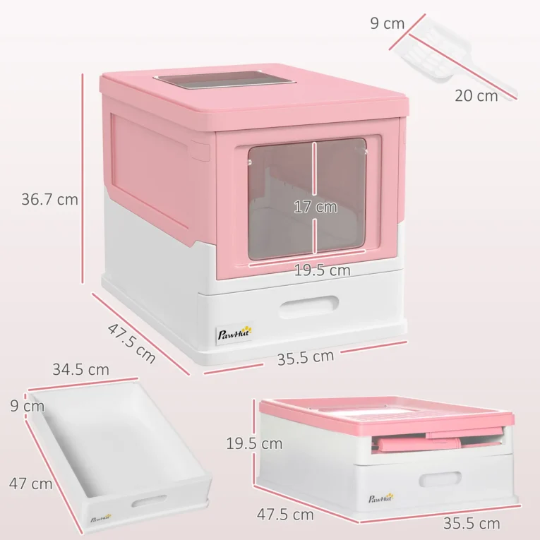 Folding Cat Litter Box with Drawer – Pink