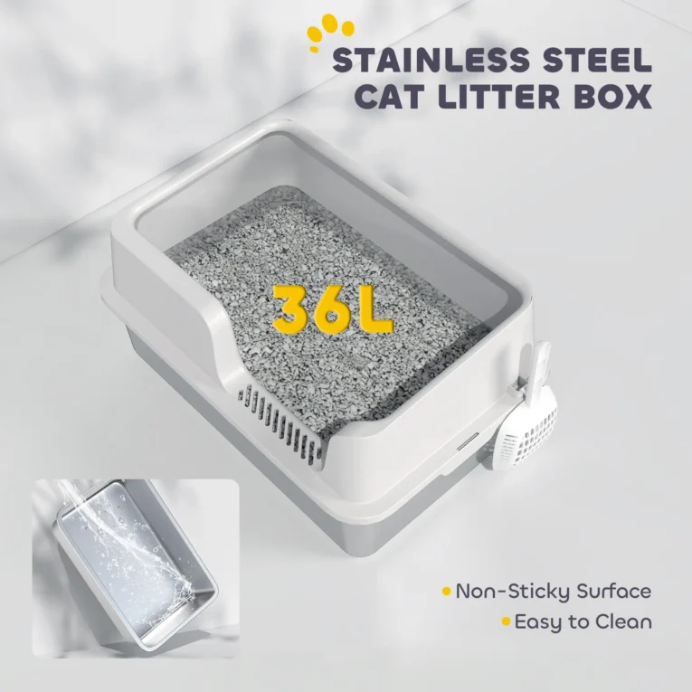 High-Sided Steel Cat Litter Tray with Removable Rim – Light Grey