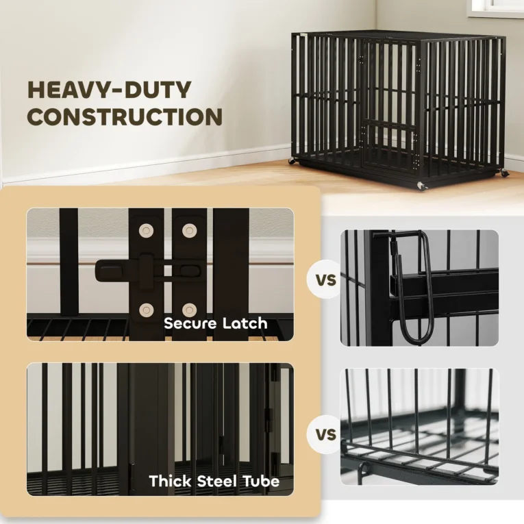 Large Steel Dog Crate with Wheels and Feeding Door – Black, 107cm Large Steel Dog Crate with Wheels and Feeding Door – Black, 107cm