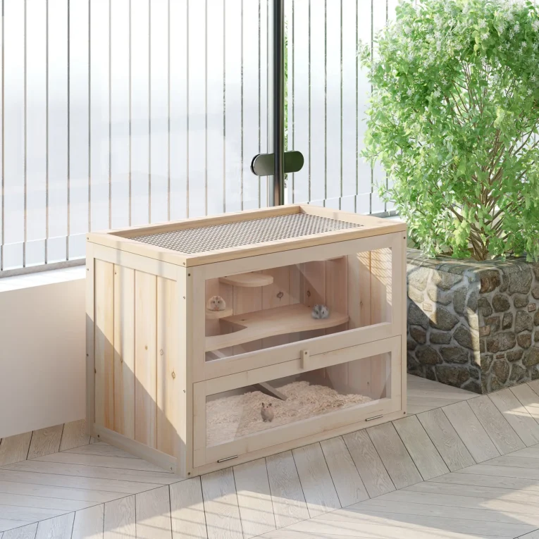 Wooden Hamster Cage 60x35x42cm Small Animals – Natural Wood Finish