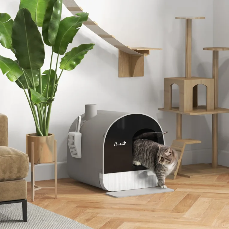 Hooded Cat Litter Box with Flap and Scoop – Light Grey