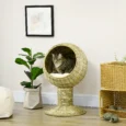 Raised Woven-Grass Cat Cave with Cushion – Yellow, 69cm