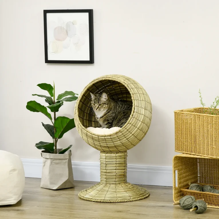 Raised Woven-Grass Cat Cave with Cushion – Yellow, 69cm