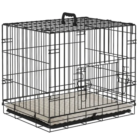 Folding Two-Door Dog Crate with Cushion – Black and Beige, 60cm