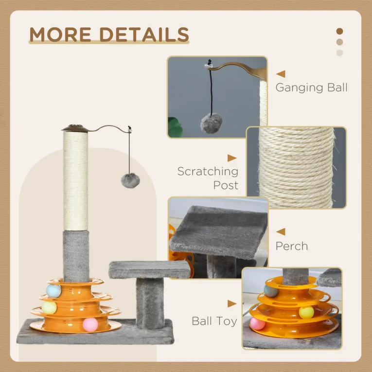 Compact Cat Activity Tower with Scratching Post – Grey, 56cm