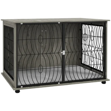 XL Dog Crate End Table with Cushion &ndash; Grey Wood Effect, 118cm