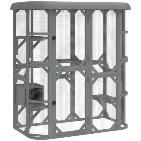 Walk-In Wooden Catio with Den and Platforms – Grey