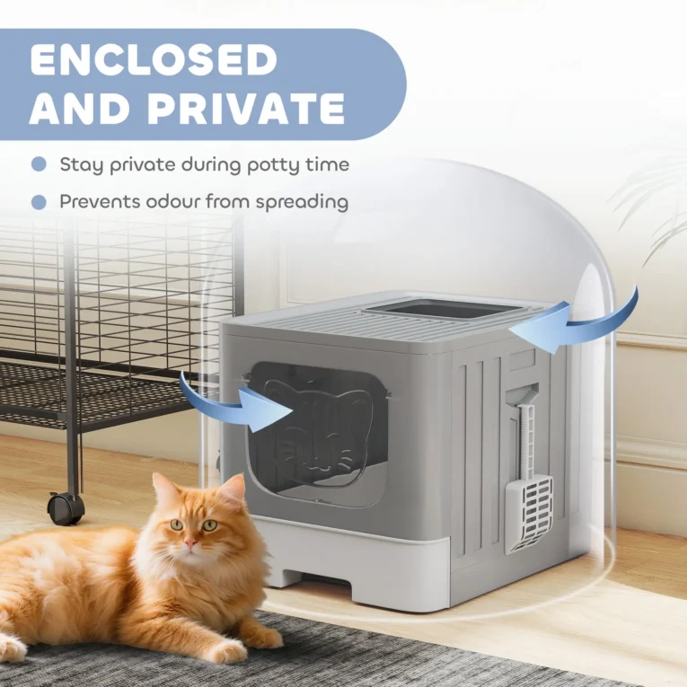Foldable Cat Litter Box with Lid – Grey, White
