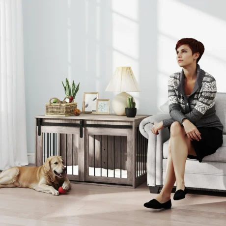Furniture-Style Dog Crate with Sliding Door – Brown, 98cm
