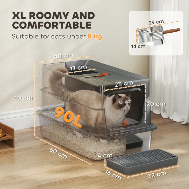 XL Covered Steel Cat Litter Box with Step – Dark Grey, 60cm XL Covered Steel Cat Litter Box with Step – Dark Grey, 60cm