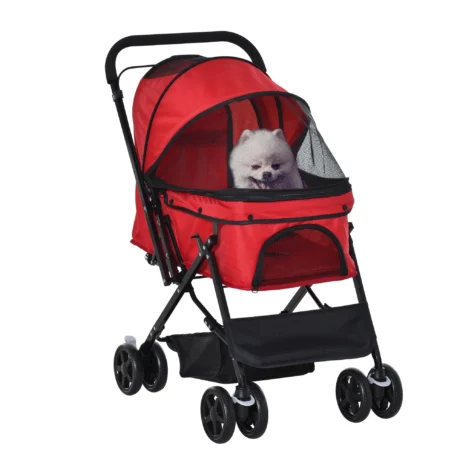 Folding Pet Stroller with Reversible Handle – Red