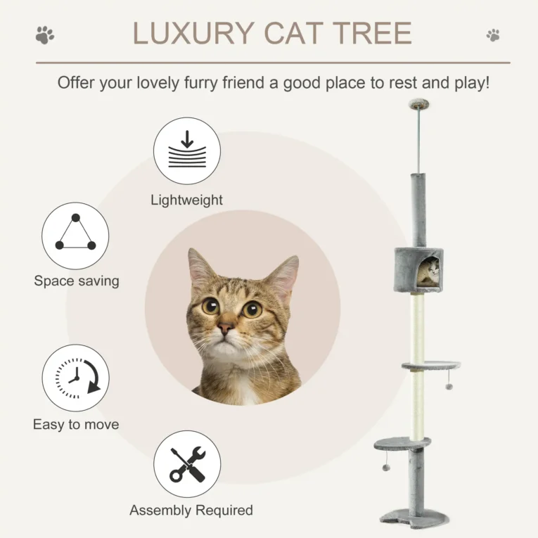 Ceiling-Fit Cat Tower with Den and Toy Balls – Light Grey, 225–255cm Ceiling-Fit Cat Tower with Den and Toy Balls – Light Grey, 225–255cm