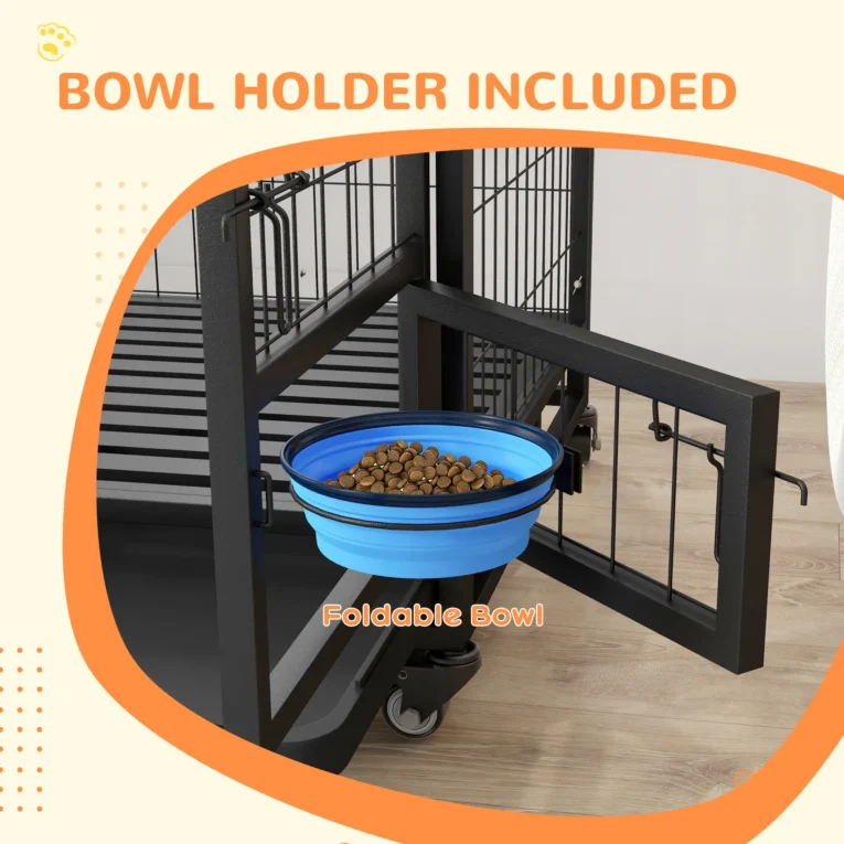 Steel Dog Crate with Wheels, Bowl Holder and Tray – Black, 92cm