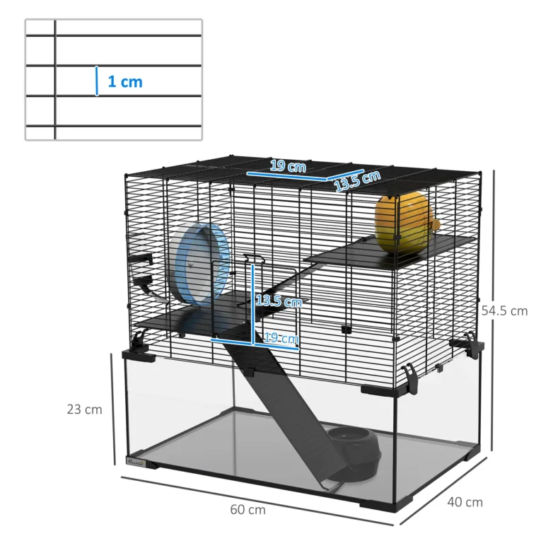 Three-Level Hamster Cage with Glass Base – Black, 60 × 40 × 54.5cm