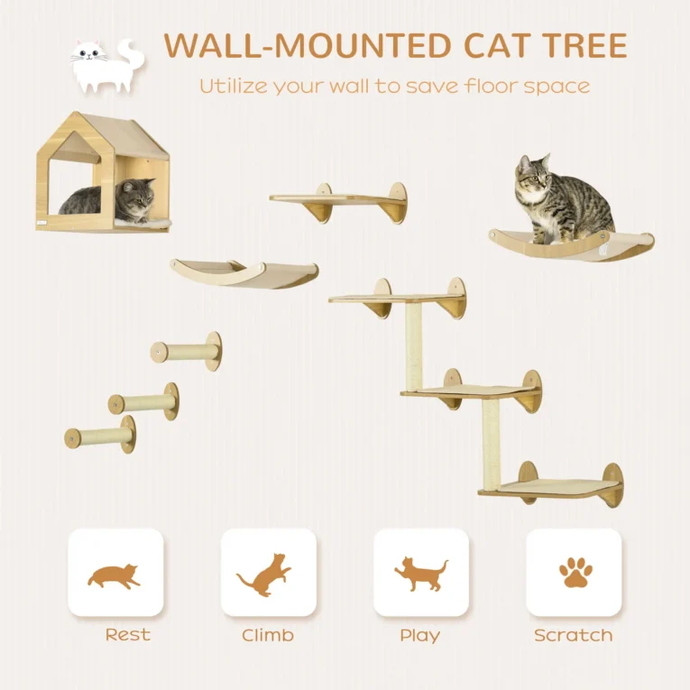 Eight-Piece Wall Cat Furniture Set with House and Steps – Oak Tone Eight-Piece Wall Cat Furniture Set with House and Steps – Oak Tone
