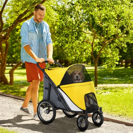 Folding Large Pet Stroller with Inflatable Wheels – Yellow, 30kg