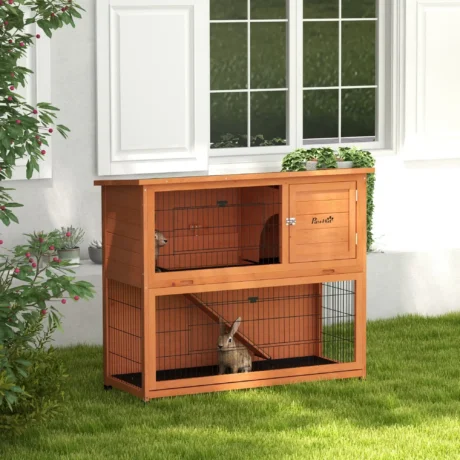 Two-Level Wooden Rabbit Hutch with Lower Run &ndash; Orange, 120cm &ndash; detail 2