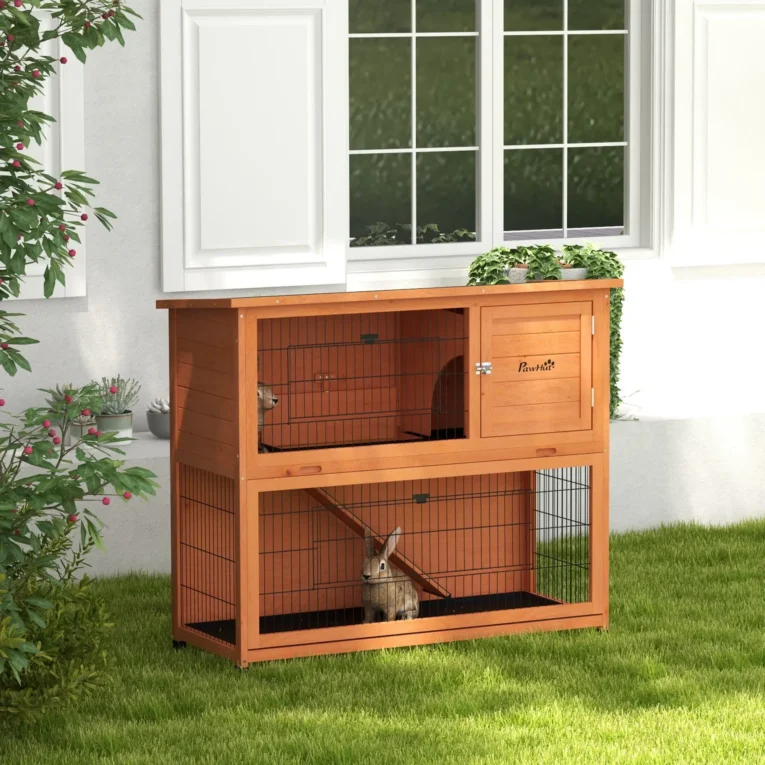 Two-Level Wooden Rabbit Hutch with Lower Run – Orange, 120cm
