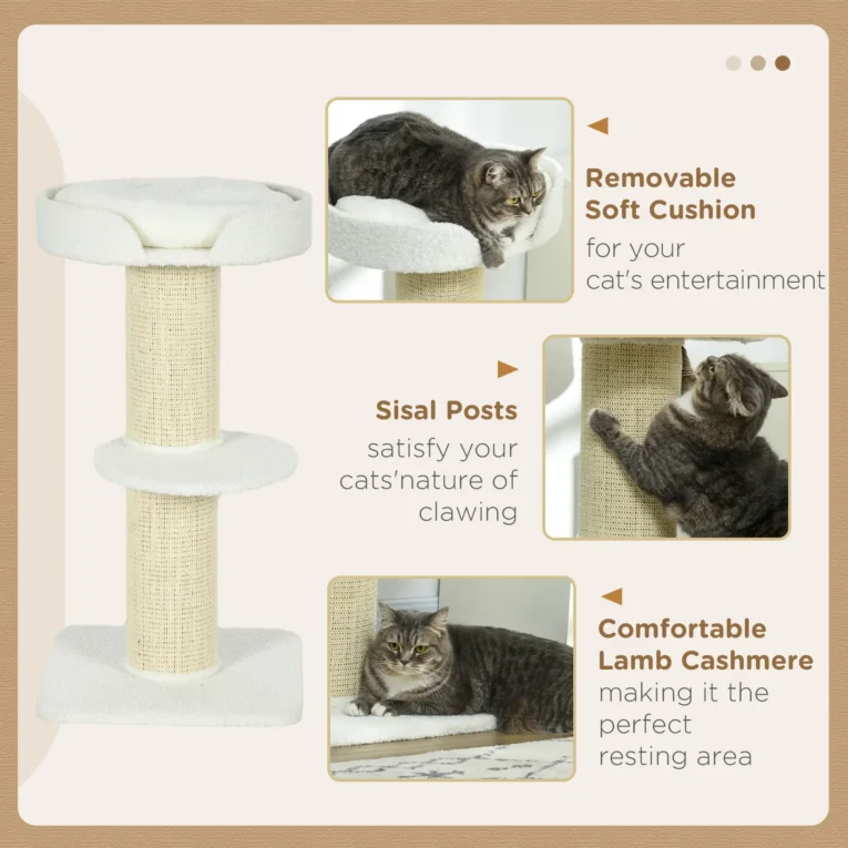 2-Tier Cat Tree with Basket Cushion Sisal Post – Cream White