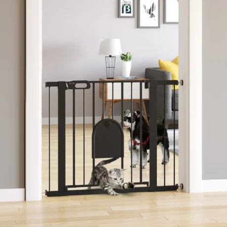 Dog Gate with Cat Flap and Two Extensions – Black, 75–103cm