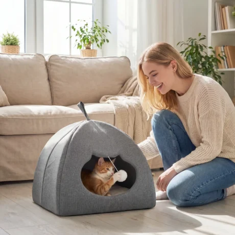 Soft Cat Cave with Cushion and Hanging Toy – Grey, 42cm