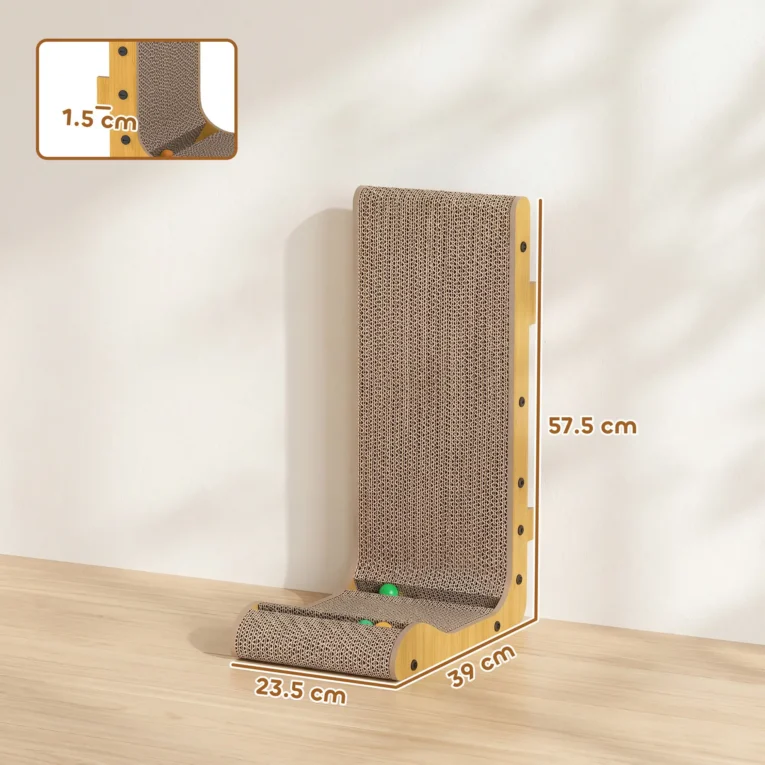Wall-Mounted Cardboard Cat Scratcher with Ball Track – Brown