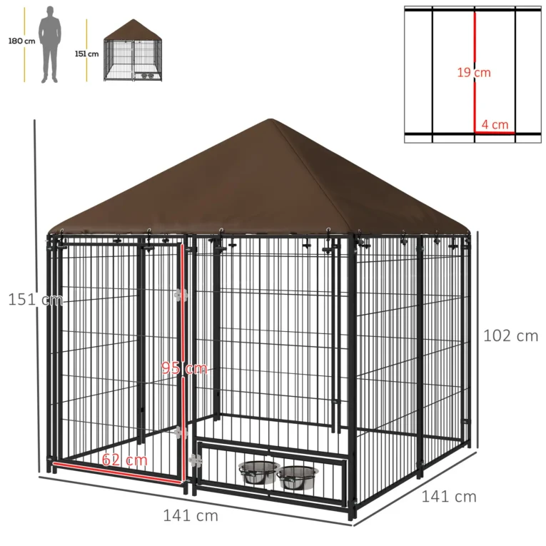 Outdoor Dog Kennel Play Pen with Canopy 141x141cm – Black, Brown