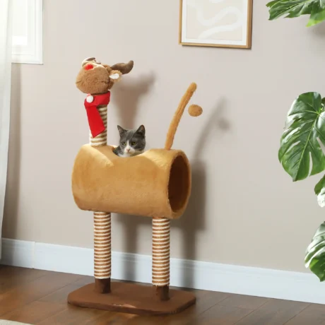 Deer-Style Cat Tower with Tunnel and Jute Posts – Brown, 98cm