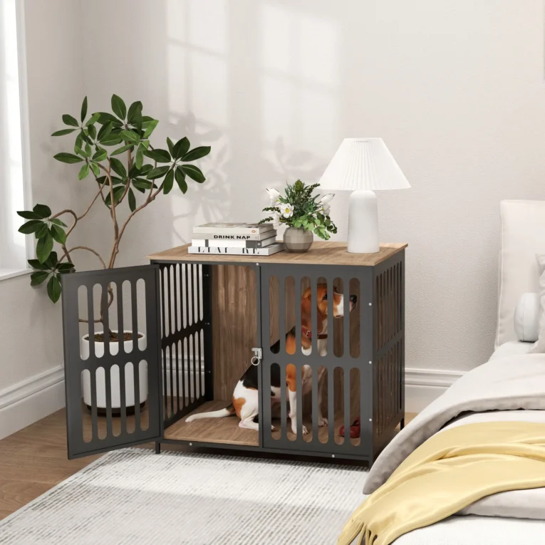 Mesh-Panel Dog Crate Side Table – Walnut, 80cm